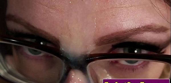  Spex babe facialized after toying her pussy